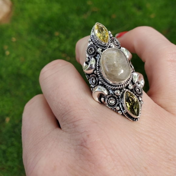 New Golden Rutile and Citrine Crescent Moon 925 Silver Statement Ring. - Picture 7 of 16